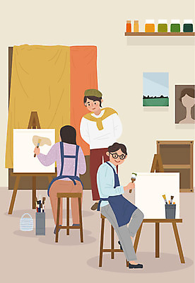 전신 여자 남자 예술 일러스트 사람 성인 취미 세명 물감 붓 색칠 그리기 강의 이젤 그림 화실 작품 캔버스 붓통 클래스 워라밸 국내일러스트 AI파일 모션 미술 미술도구 신조어 미술실 파일형식 벡터
