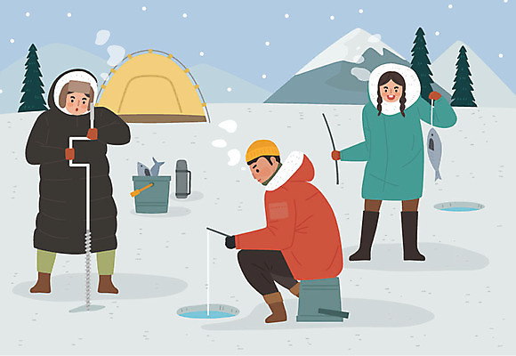 전신 여자 남자 호수 어린이 겨울 일러스트 가족 낚시 산 텐트 어류 사람 성인 취미 세명 강 얼음 점퍼 눈 양동이 얼음낚시 보온병 빙어 송어 워라밸 겨울캠프 국내일러스트 AI파일 자연요소 계절 관계 레저 날씨 캠핑도구 수중동물 외투 캠핑 민물고기 신조어 파일형식 벡터