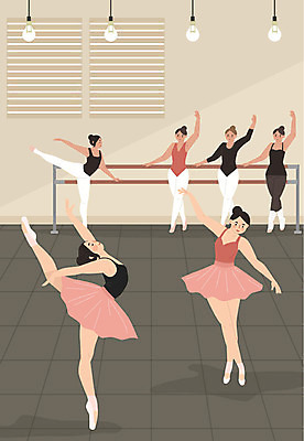전신 여자 분홍색 일러스트 전등 실내 사람 여러명 성인 취미 운동 춤 발레 연습 발레리나 발레복 연습실 워라밸 국내일러스트 AI파일 옷 컬러 다수 문화예술 조명 건강 내부 신조어 파일형식 벡터