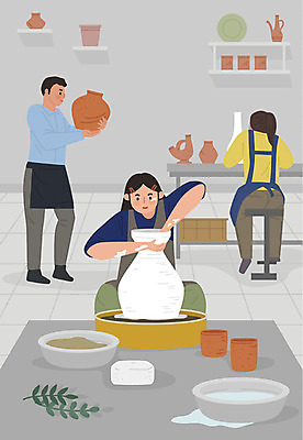 전신 여자 남자 일러스트 사람 성인 취미 세명 물 흙 회색 작업 도자기 작업실 도자기공예 작품 만들기 도자기물레 도자기공방 워라밸 국내일러스트 AI파일 자연요소 컬러 모션 미술 공예 신조어 물레 파일형식 벡터