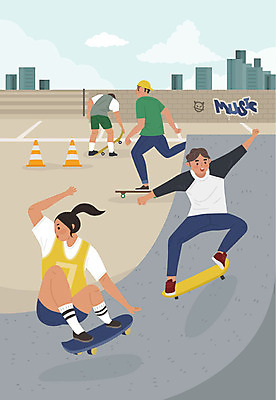 전신 여자 남자 일러스트 거리 사람 빌딩 여러명 성인 취미 청춘 회색 도시 스케이트보드 보드 익스트림스포츠 돌벽 보드장비 안전삼각대 워라밸 국내일러스트 AI파일 벽 스포츠용품 스포츠 컬러 다수 컨셉 건물 보드_스포츠 신조어 파일형식 벡터