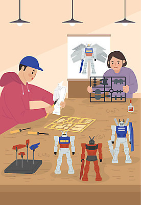 여자 남자 일러스트 탁자 집안 전등 실내 사람 상반신 성인 취미 두명 갈색 만들기 프라모델 조립 워라밸 국내일러스트 AI파일 컬러 가구 모션 조명 내부 장난감 신조어 파일형식 벡터