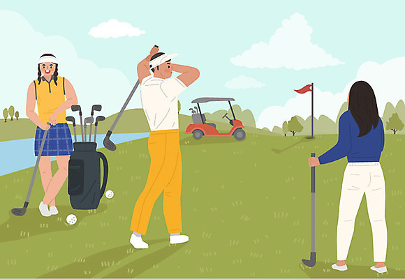 전신 여자 남자 골프 일러스트 골프장 사람 성인 취미 세명 초록색 운동 봄 골프채 골프가방 골프카트 워라밸 국내일러스트 AI파일 계절 컬러 가방 스포츠시설 골프용품 건강 구기 신조어 파일형식 벡터