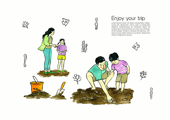 전신 PSD 여자 남자 딸 아들 어린이 여행 일러스트 가족 엄마 수채화 가족여행 사람 여러명 성인 부모 소풍 화목 자녀 관찰 체험 아빠 모종삽 양동이 갯벌 봄소풍 국내일러스트 다수 컨셉 관계 모션 야외활동 봄 삽 파일형식