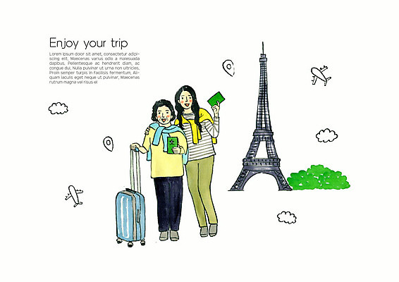 전신 PSD 여자 딸 중년 해외여행 여행 일러스트 가족 모녀 엄마 수채화 가족여행 들기 사람 성인 두명 캐리어 화목 에펠탑 즐거움 여권 여자만 파리(프랑스) 국내일러스트 해외 감정 컨셉 관계 모션 여행가방 파리 랜드마크 파일형식