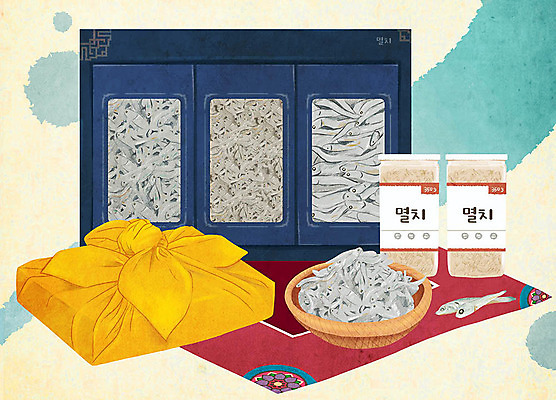 PSD 음식 일러스트 포장 선물 어류 사람없음 선물상자 바구니 보자기 특산물 선물세트 멸치 국내일러스트 상자 수중동물 파일형식 천_직물