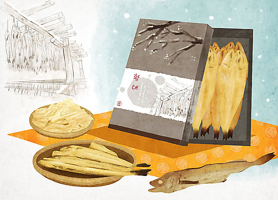 PSD 음식 겨울 일러스트 선물 어류 사람없음 선물상자 소쿠리 추위 눈 특산물 지역 선물세트 황태 국내일러스트 자연요소 계절 날씨 상자 바구니 수중동물 파일형식