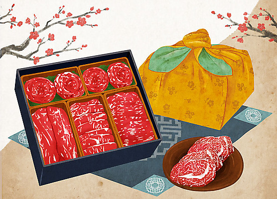 PSD 접시 음식 일러스트 육류 선물 사람없음 선물상자 소고기 보자기 특산물 지역 한우 선물세트 꽃가지 국내일러스트 식기 꽃 식재료 상자 나뭇가지 파일형식 천_직물