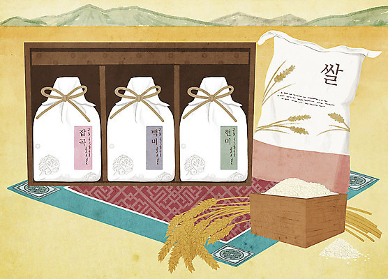 PSD 음식 일러스트 식재료 선물 사람없음 선물상자 벼 쌀 보자기 특산물 잡곡 지역 선물세트 되 쌀포대 현미 국내일러스트 곡류 상자 파일형식 천_직물