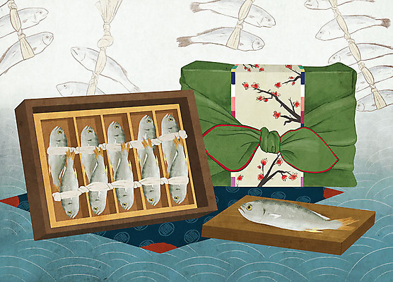 PSD 음식 일러스트 도마 선물 어류 사람없음 선물상자 보자기 특산물 지역 선물세트 굴비 국내일러스트 주방용품 상자 수중동물 파일형식 천_직물