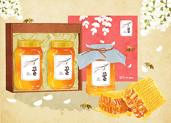 PSD 꽃 여러마리 일러스트 선물 사람없음 선물상자 꿀벌 특산물 지역 꿀 선물세트 벌집 아카시아 꿀단지 아카시아꽃 흩날리기 국내일러스트 나무 식물 다수 모션 상자 벌_곤충 파일형식