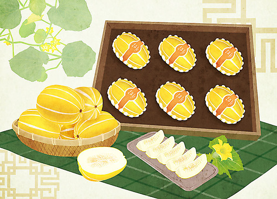 PSD 꽃 음식 과일 일러스트 선물 사람없음 선물상자 노란색 보자기 특산물 참외 지역 선물세트 참외꽃 과채 국내일러스트 식물 컬러 채소 상자 파일형식 천_직물