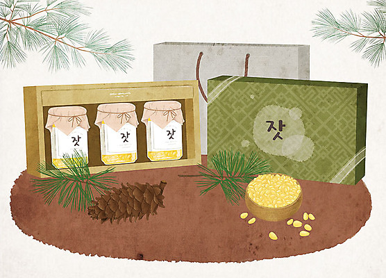 PSD 일러스트 선물 사람없음 선물상자 쇼핑백 특산물 솔방울 지역 잣 선물세트 잣나무 국내일러스트 나무 가방 상자 견과류 파일형식