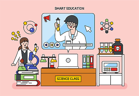 학생 여자 교육 남자 과학 일러스트 청소년 모바일 현미경 실험 사람 성인 두명 책 노트북 약 교사 화학 스마트 플라스크 비커 영상 과학교육 온라인강의 온택트 국내일러스트 AI파일 직업 컨셉 의학 실험기구 전자제품 강의 파일형식 벡터 언택트