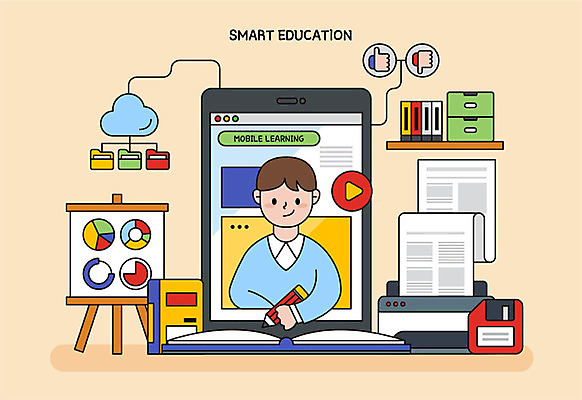 학생 교육 남자 일러스트 청소년 모바일 그래프 한명 사람 책 스터디 태블릿 자료 플로피디스크 인쇄기 스마트 문서 영상 공유 클라우드서비스 온라인강의 온택트 국내일러스트 AI파일 1 컨셉 전자제품 스마트기기 학습 강의 서비스 파일형식 벡터 언택트
