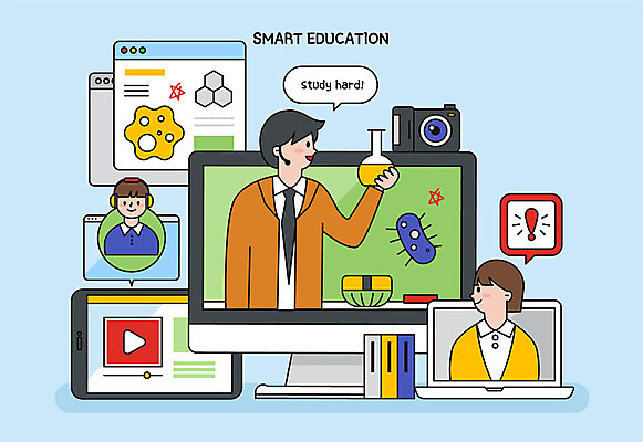 학생 여자 교육 남자 일러스트 청소년 모바일 사람 성인 책 세명 노트북 컴퓨터 태블릿 카메라 교사 칠판 느낌표 스마트 플라스크 미생물 영상 과학교육 온라인강의 온택트 랜선라이프 국내일러스트 AI파일 직업 라이프스타일 기호 과학 컨셉 생물 실험기구 전자제품 스마트기기 강의 파일형식 벡터 언택트