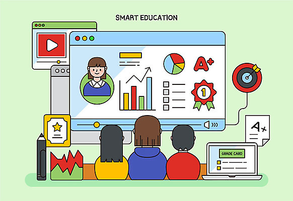 학생 여자 교육 남자 일러스트 청소년 모바일 그래프 사람 여러명 노트북 펜 우승 다트판 상패 스마트 성적 성적표 온라인강의 웹브라우저 프로필 온택트 국내일러스트 AI파일 다수 컨셉 전자제품 필기구 최고 강의 다트 상_우승 파일형식 벡터 언택트