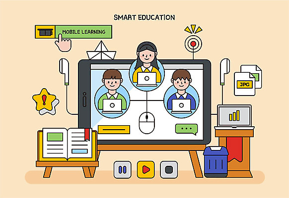 학생 여자 교육 남자 별 이어폰 일러스트 청소년 모바일 그래프 사람 책 세명 노트북 태블릿 쓰레기통 마우스 스마트 파일 이미지 재생 교탁 공유 온라인강의 온택트 국내일러스트 AI파일 자연요소 음향기기 컨셉 전자제품 스마트기기 컴퓨터용품 강의 파일형식 벡터 언택트