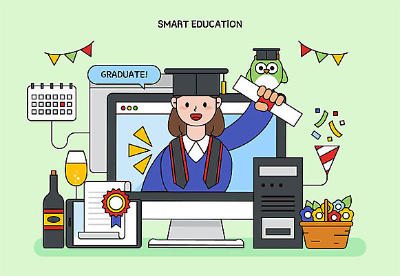 학생 여자 교육 일러스트 학사모 졸업 모바일 폭죽 한명 사람 컴퓨터 모니터 달력 축하 졸업가운 졸업장 스마트 꽃바구니 부엉이 배지 본체 온라인강의 온택트 랜선라이프 국내일러스트 AI파일 모자_잡화 1 라이프스타일 꽃 컨셉 조류 전자제품 바구니 가운 강의 파일형식 벡터 언택트