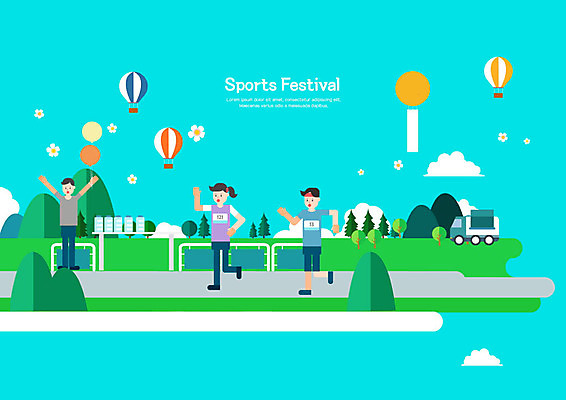 PSD 여자 남자 하늘색 일러스트 응원 사람 여러명 성인 생활 달리기 운동 열기구 애드벌룬 생활체육 풍선 마라톤 마라톤선수 성인만 국내일러스트 다수 항공교통 모션 건강 경기 파란색 육상스포츠 육상선수 파일형식