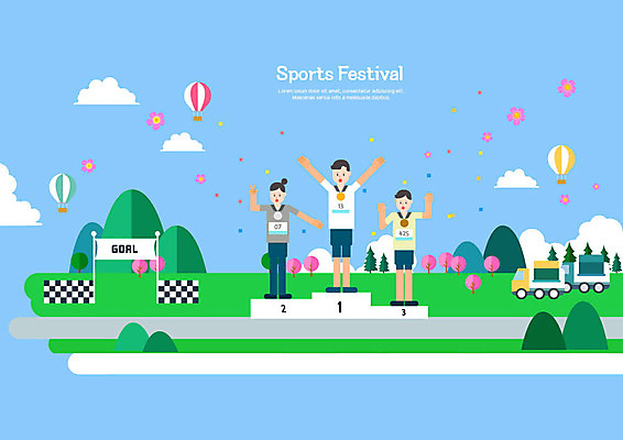 PSD 무료이미지 여자 남자 하늘색 일러스트 자동차 사람 성인 생활 세명 운동 손들기 만세 열기구 메달 생활체육 골인 결승점 달리기선수 시상식 성인만 국내일러스트 육상교통 항공교통 모션 건강 파란색 육상선수 결승 상_상패 파일형식