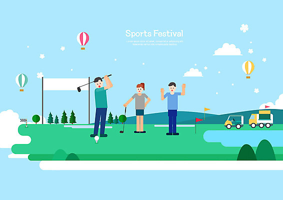 PSD 여자 남자 하늘색 골프 일러스트 골프장 사람 성인 생활 세명 초록색 운동 열기구 생활체육 성인만 국내일러스트 컬러 스포츠시설 항공교통 건강 파란색 구기 파일형식