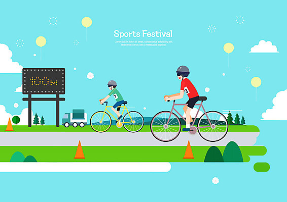 PSD 구름 하늘색 일러스트 사람 두명 생활 운동 자전거 경기장 사이클선수 경륜장 생활체육 풍선 전광판 사이클링 삼각뿔 국내일러스트 자연요소 스포츠시설 운동선수 건강 파란색 바이크 육상스포츠 파일형식
