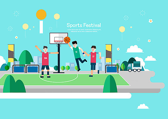 PSD 남자 하늘색 일러스트 농구 농구공 사람 생활 세명 운동 애드벌룬 농구선수 생활체육 농구대 풍선 성인남자만 국내일러스트 공 운동선수 건강 파란색 구기 골대 남자만 성인만 파일형식