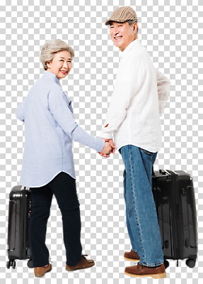 스튜디오촬영 전신 편집이미지 여자 할아버지 노년 남자 할머니 여행 서기 미소 사람 두명 뒷모습 캐리어 손잡기 노부부 한국인 뒤돌아보기 60대 70대 PNG 노인만 편집소스 부부 뷰포인트 모션 실내 표정 동양인 성인 여행가방 성인만 파일형식