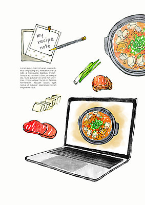PSD 음식 일러스트 식재료 김치 수채화 생고기 사람없음 노트북 연필 두부 폴라로이드사진 레시피 국물 파 김치찌개 국내일러스트 한식 채소 학용품 육류 전자제품 필기구 찌개 폴라로이드 파일형식