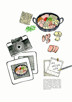 PSD 음식 일러스트 식재료 고추 수채화 사람없음 카메라 햄 두부 폴라로이드사진 레시피 부대찌개 생라면 국내일러스트 채소 육류 전자제품 라면 찌개 폴라로이드 파일형식