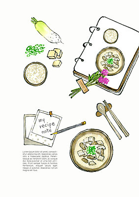 PSD 꽃 음식 일러스트 식재료 젓가락 고추 수채화 사람없음 숟가락 무 두부 스프링노트 레시피 소고기뭇국 국내일러스트 식물 채소 뿌리채소 수저 공책 국 파일형식