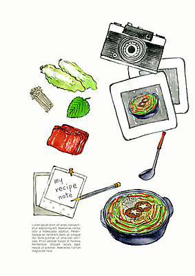 PSD 음식 일러스트 식재료 수채화 생고기 사람없음 카메라 버섯 배추 국자 깻잎 폴라로이드 팽이버섯 레시피 밀푀유나베 국내일러스트 채소 주방용품 육류 전자제품 나베 파일형식