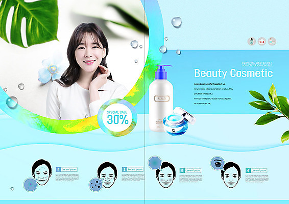 PSD 템플릿 표지디자인 북디자인 출판디자인 여자 내지 리플렛 하늘색 북커버 나뭇잎 한명 팜플렛 성인 30대 파란색 뷰티 세일 화장품 촉촉함 한국인 물방울 순서 성인여자한명만 이미지템플릿 1 컬러 잎 사람 동양인 장년 젖음 여자한명만 성인여자만 파일형식