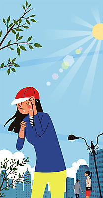 나무 구름 모자 여자 남자 가로등 일러스트 성인 건물 세명 햇빛 태양 고통 질병 괴로움 땀 알레르기 두드러기 피부질환 피부트러블 성인만 국내일러스트 AI파일 자연요소 식물 건축물 잡화 공공시설 감정 의학 사람 파일형식 벡터