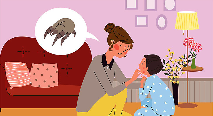 여자 남자 꽃 아들 어린이 액자 말풍선 쿠션 일러스트 엄마 소년 성인 두명 소파 꽃병 고통 스탠드 질병 괴로움 알레르기 두드러기 피부질환 진드기 집먼지진드기 피부트러블 국내일러스트 AI파일 모자관계 식물 감정 의자 의학 가족 조명 사람 해충 파일형식 벡터