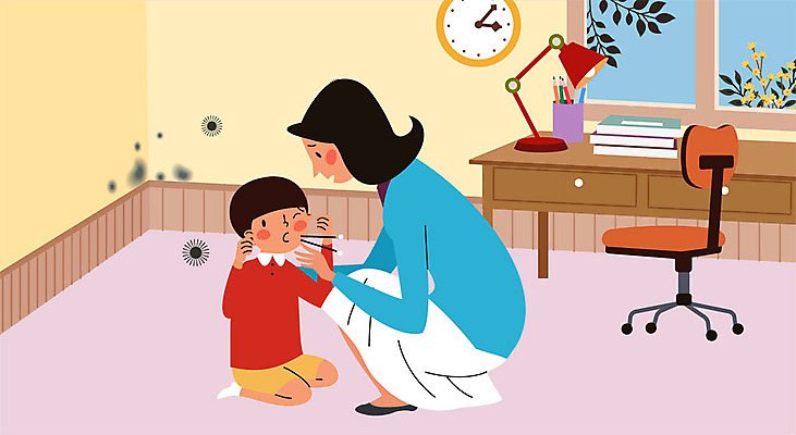 나무 여자 남자 꽃 아들 어린이 시계 의자 일러스트 창문 엄마 조명 소년 성인 두명 책 고통 스탠드 질병 책상 괴로움 알레르기 두드러기 곰팡이 기침 피부트러블 국내일러스트 AI파일 모자관계 식물 감정 가구 의학 가족 사람 피부질환 파일형식 벡터