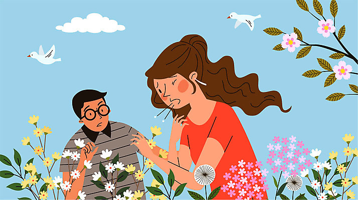 나무 구름 여자 남자 꽃 일러스트 조류 성인 두명 고통 호흡기관 질병 괴로움 알레르기 기침 재채기 성인만 꽃가루알레르기 국내일러스트 AI파일 자연요소 식물 동물 감정 의학 사람 장기_의학 파일형식 벡터