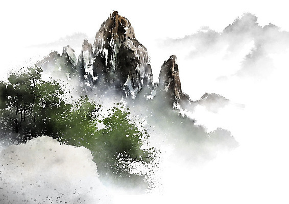 PSD 일러스트 캘리그라피 붓터치 바위산 산 흑백 사람없음 절벽 안개 바위 숲 동양화 번짐 기암절벽 산수화 국내일러스트 날씨 촬영기법 미술 돌_바위 돌산 파일형식 효과