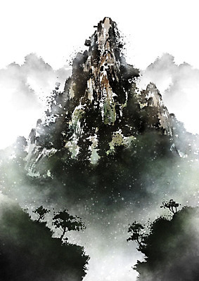 PSD 일러스트 캘리그라피 붓터치 바위산 산 흑백 사람없음 절벽 바위 숲 동양화 번짐 기암절벽 산수화 국내일러스트 촬영기법 미술 돌_바위 돌산 파일형식 효과