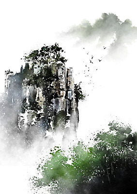 PSD 나무 여러마리 일러스트 캘리그라피 조류 붓터치 바위산 산 흑백 사람없음 절벽 안개 바위 숲 동양화 번짐 기암절벽 산수화 국내일러스트 식물 동물 다수 날씨 촬영기법 미술 돌_바위 돌산 파일형식 효과