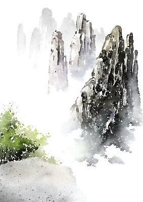 PSD 일러스트 캘리그라피 붓터치 바위산 산 흑백 사람없음 절벽 안개 바위 숲 동양화 번짐 기암절벽 산수화 국내일러스트 날씨 촬영기법 미술 돌_바위 돌산 파일형식 효과