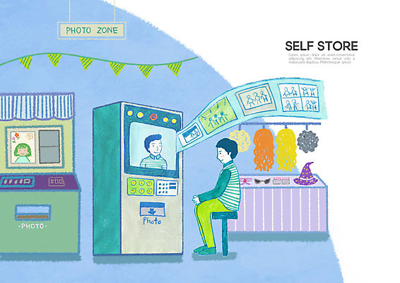 PSD 남자 일러스트 한명 앉기 파란색 상점 사진촬영 스마트 무인 무인기계 무인화 사진관 셀프 키오스크 남자한명만 무인매장 국내일러스트 1 컬러 컨셉 모션 사람 촬영 남자만 파일형식