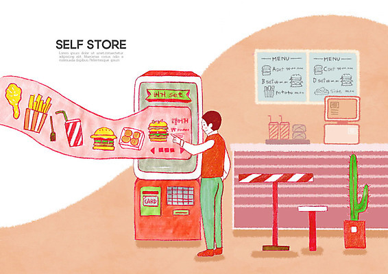 PSD 남자 일러스트 패스트푸드 한명 빨간색 상점 햄버거 계산 스마트 메뉴 매장입구 무인 무인기계 무인화 셀프 키오스크 패스트푸드점 남자한명만 무인매장 국내일러스트 1 컬러 컨셉 사람 인스턴트 남자만 파일형식