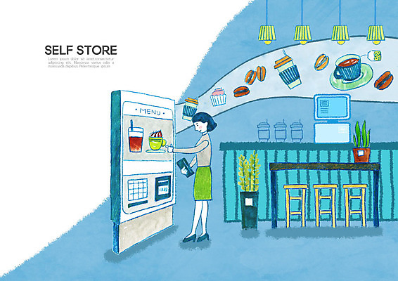 PSD 여자 커피 음료 일러스트 한명 파란색 상점 카페 스마트 주문 무인 무인기계 무인화 셀프 키오스크 여자한명만 무인매장 국내일러스트 1 컬러 컨셉 사람 여자만 파일형식