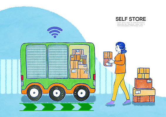 PSD 여자 일러스트 한명 파란색 상자 상점 스마트 택배 와이파이 무인 무인기계 무인화 셀프 찾기 키오스크 여자한명만 무인매장 탑차 국내일러스트 1 컬러 컨셉 모션 사람 트럭 운송업 무선인터넷 여자만 파일형식