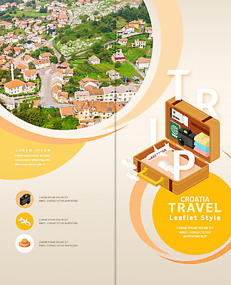 PSD 템플릿 해외 건축물 북디자인 출판디자인 표지 유럽 리플렛 해외여행 여행 2단접지 북커버 팜플렛 사람없음 노란색 마을 여행가방 크로아티아 유럽여행 이미지템플릿 건축 나라 컬러 가방 파일형식