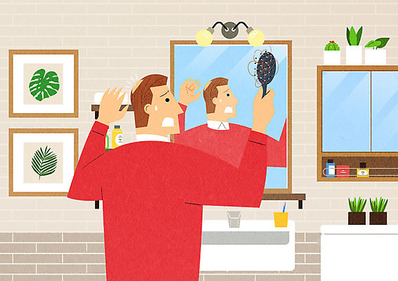 PSD 남자 화분 일러스트 스트레스 한명 들기 성인 머리카락 머리 놀람 거울 욕실 머리빗 무서움 세면대 빠짐 탈모 탈모클리닉 성인남자한명만 국내일러스트 1 감정 모션 표정 사람 신체부위 미용용품 클리닉 증상 남자한명만 성인남자만 파일형식