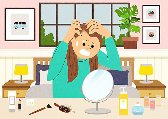 PSD 여자 화분 액자 일러스트 창문 스트레스 한명 성인 놀람 화장품 침실 거울 머리빗 무서움 화장대 당황 이마 탈모 탈모클리닉 성인여자한명만 국내일러스트 1 감정 가구 표정 사람 뷰티 미용용품 클리닉 증상 여자한명만 성인여자만 파일형식