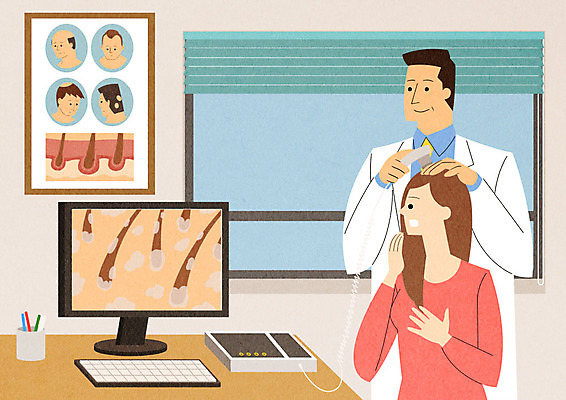 PSD 여자 남자 일러스트 병원 성인 두명 컴퓨터 놀람 진료 환자 의사 책상 고민 검사_조사 헤어관리 두피 두피케어 진료실 탈모 탈모클리닉 성인만 모낭 국내일러스트 감정 가구 의학 표정 사람 전자제품 뷰티 의료진 클리닉 증상 파일형식